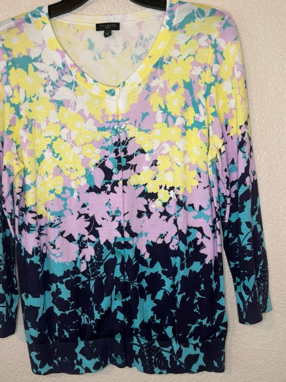 Talbots Yellow Lavender Teal Floral V-Neck Cardigan